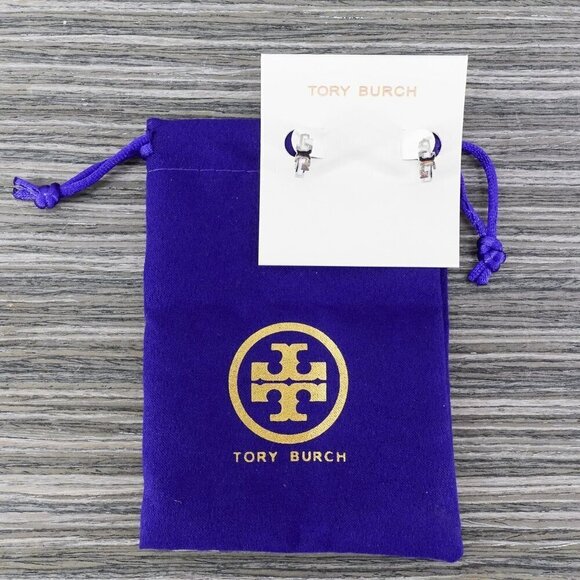 Tory Burch Serif-T Enamel Huggie Hoop Earrings Silver/Ivory OS - Picture 5 of 12